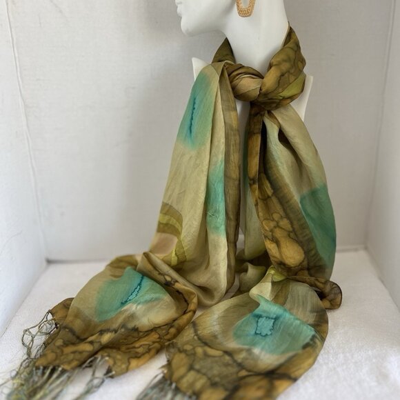 Hand Dyed Scarf Green Ombre Abstract Silk Rayon 70s Batik Vibe - Picture 3 of 9